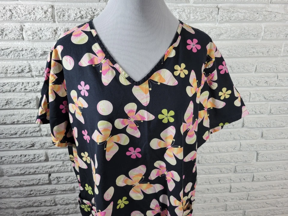 SB скрабы унисекс Топ 2 X коротким рукавом бабочки карманы черный цветочный хлопок - Изображение 3 из 4