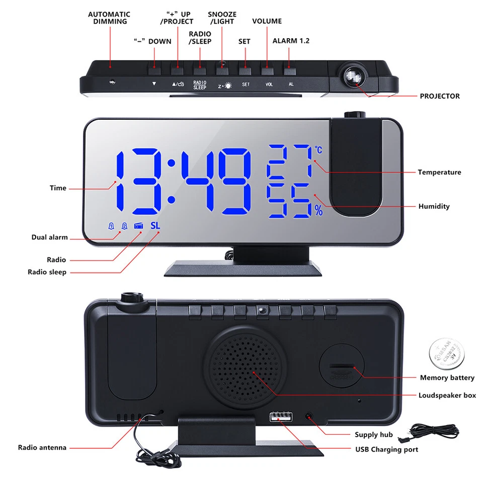7.5" LED Digital Projector Projection Snooze Dual Alarm Clock FM Radio Timer USB - Image 3 of 4