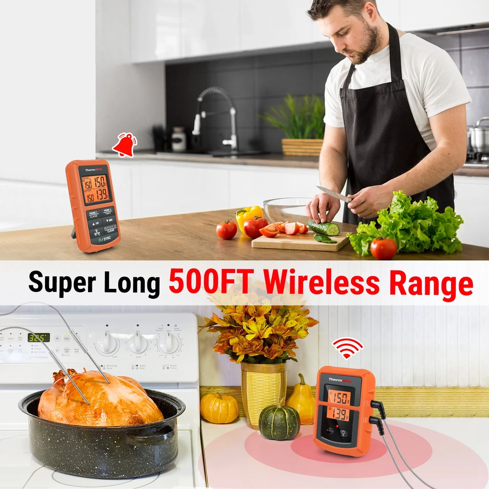 Wireless Meat Thermometer W/ Dual Probe High & Low Alarm Grilling Smoker BBQ NEW