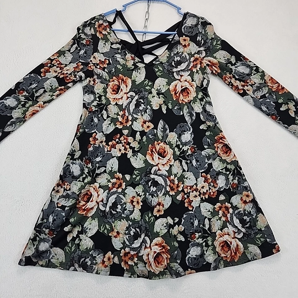 Vestido midi BCX para mujer M negro floral manga larga cuello en V lazo trasero Y2K BoHo Mama Foto 4 de 4