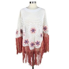 Chloé Retro Floral Crochet Poncho Swingy Fringe Size M Nwt