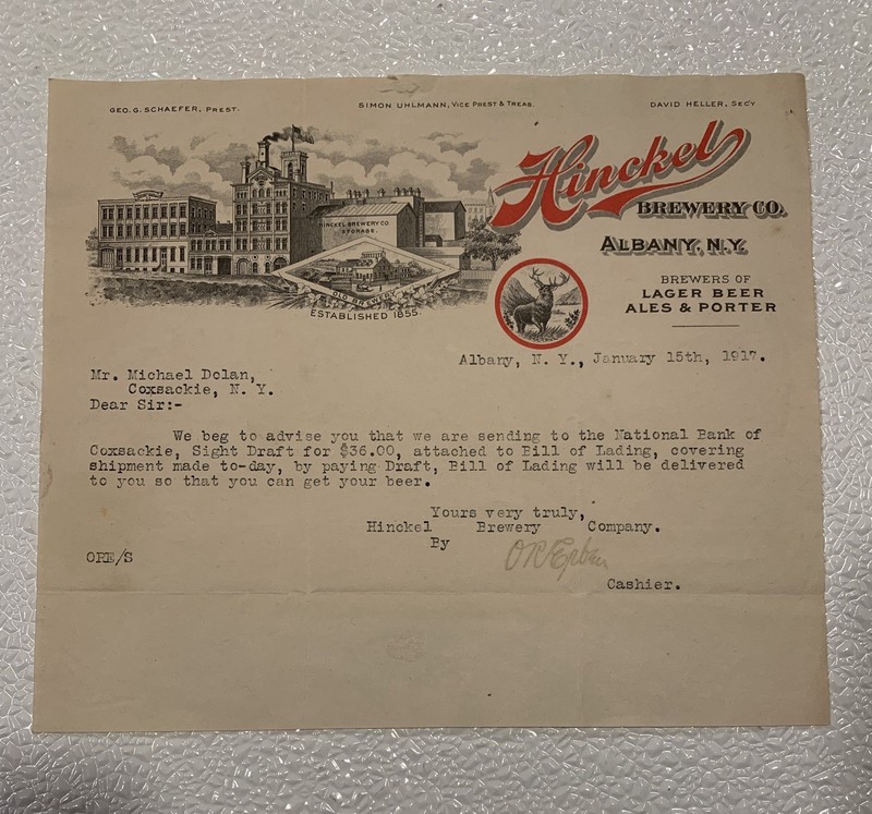 HINCKEL PRE-PROHIBITION FACTORY SCENE BEER LETTERHEAD ELK ALBANY NEW YORK NY