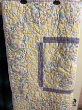Handmade Baby Crib Quilt Embroidered Cotton Yellow Purple Multicolor Hearts