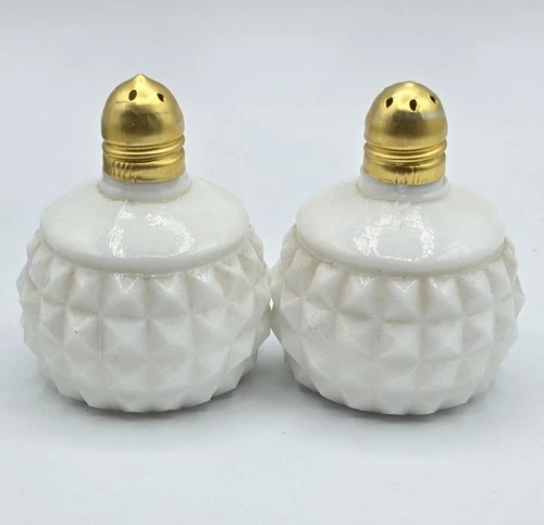 VTG Japan MCM Hobnail Diamond Cut Pattern Milk glass salt and pepper shakers