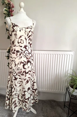 STUNNING PER UNA BROWN & IVORY CREAM ABSTRACT FLORAL STRAPPY MIDI DRESS 14 R - Image 1 of 4