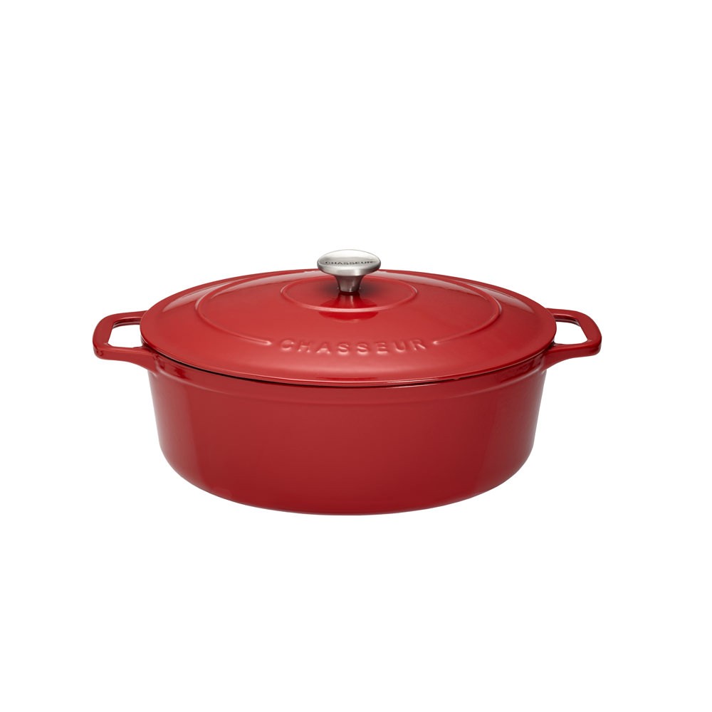Cocotte ovale 29 cm Chasseur en fonte émaillée rouge uni pour cuisson lente