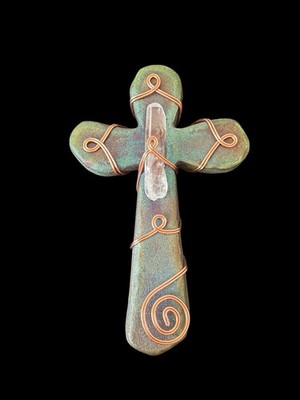 Raku Pottery Cross With Clear Quartz Crystal By Jeremy Diller 3 x4.5 