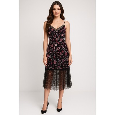 Boho Lace Whimsigoth Dress Women L Black Floral Romantic Slip Babydoll Maxi Date