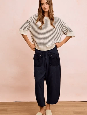 BiBi Stripes Short Sleeves Ribbed Exposed Seam Fall Knit Top size Large - Image 1 of 4