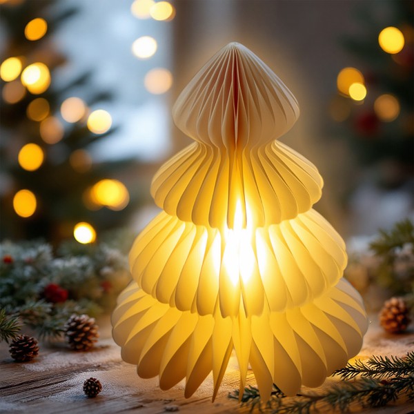 Led Papier Tanne Warm Weiß Mit Timer - 28Cm - Weihnachten Advent Tisch Deko Baum-image