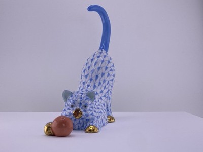 Herend Blue Fishnet Cat with Ball Porcelain Figurine Hand Painted Hungary New