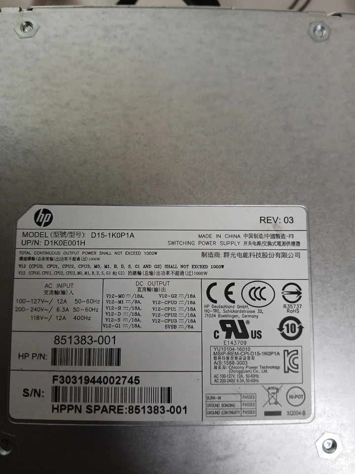 HP D15-1K0P1A 851383-001 HP Z4 G4 / Z6 G4 1000W Switching Power Supply - Image 4 of 4