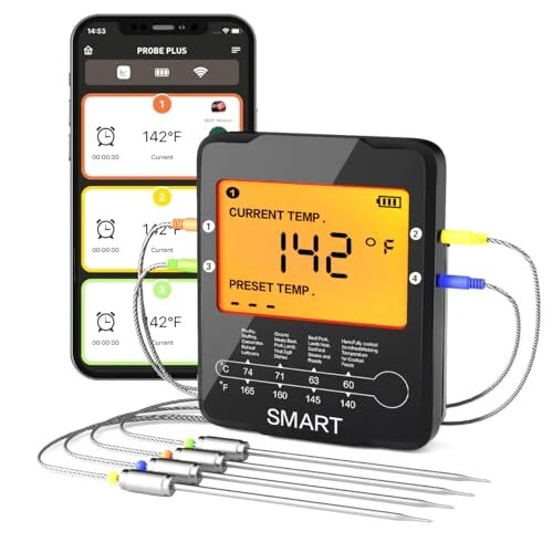 Bluetooth Meat Thermometer,Wireless Digital Grill Thermometer with 4 Black