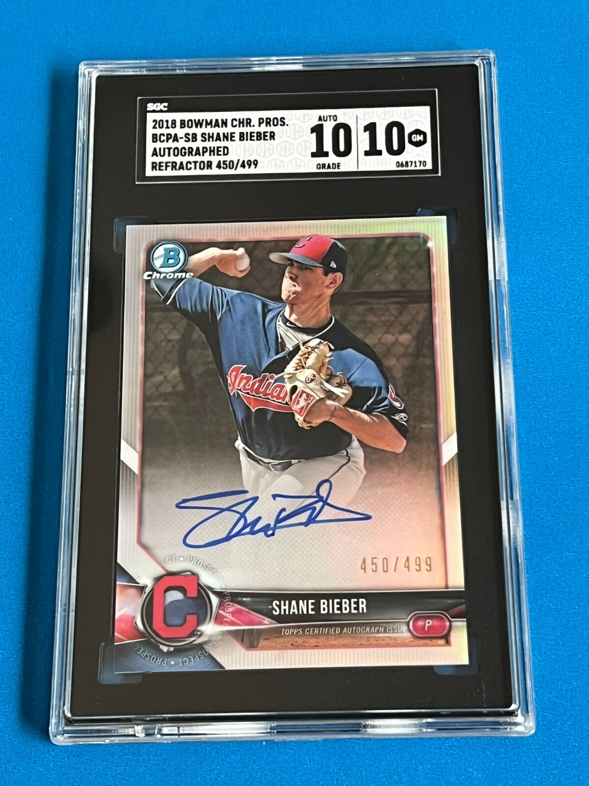 2018 Bowman Chrome Prospects Shane Bieber Auto Refractor 450/499 SGC 10/10