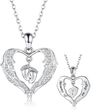 Sterling Silver Miscarriage Necklace for Women - Angel Wing Foots Pendant Mommy