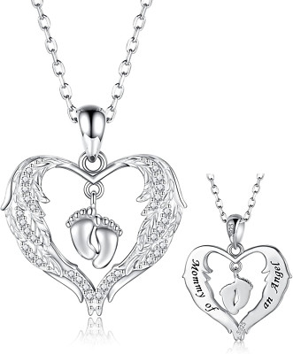 Sterling Silver Miscarriage Necklace for Women - Angel Wing Foots Pendant Mommy 