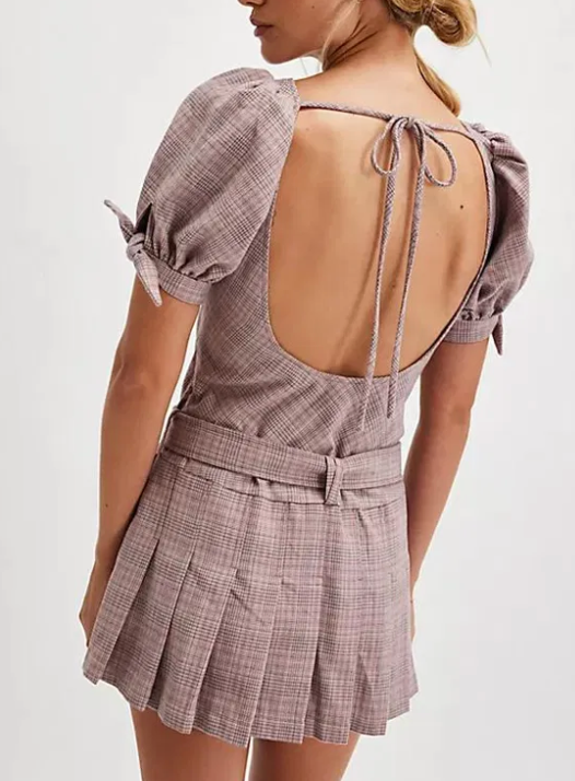 free people sevi plaid mini dress NEW FREE PEOPLE PINK SEVI PLAID PLEATED DROP WAIST BELTED MINI DRESS SZ L