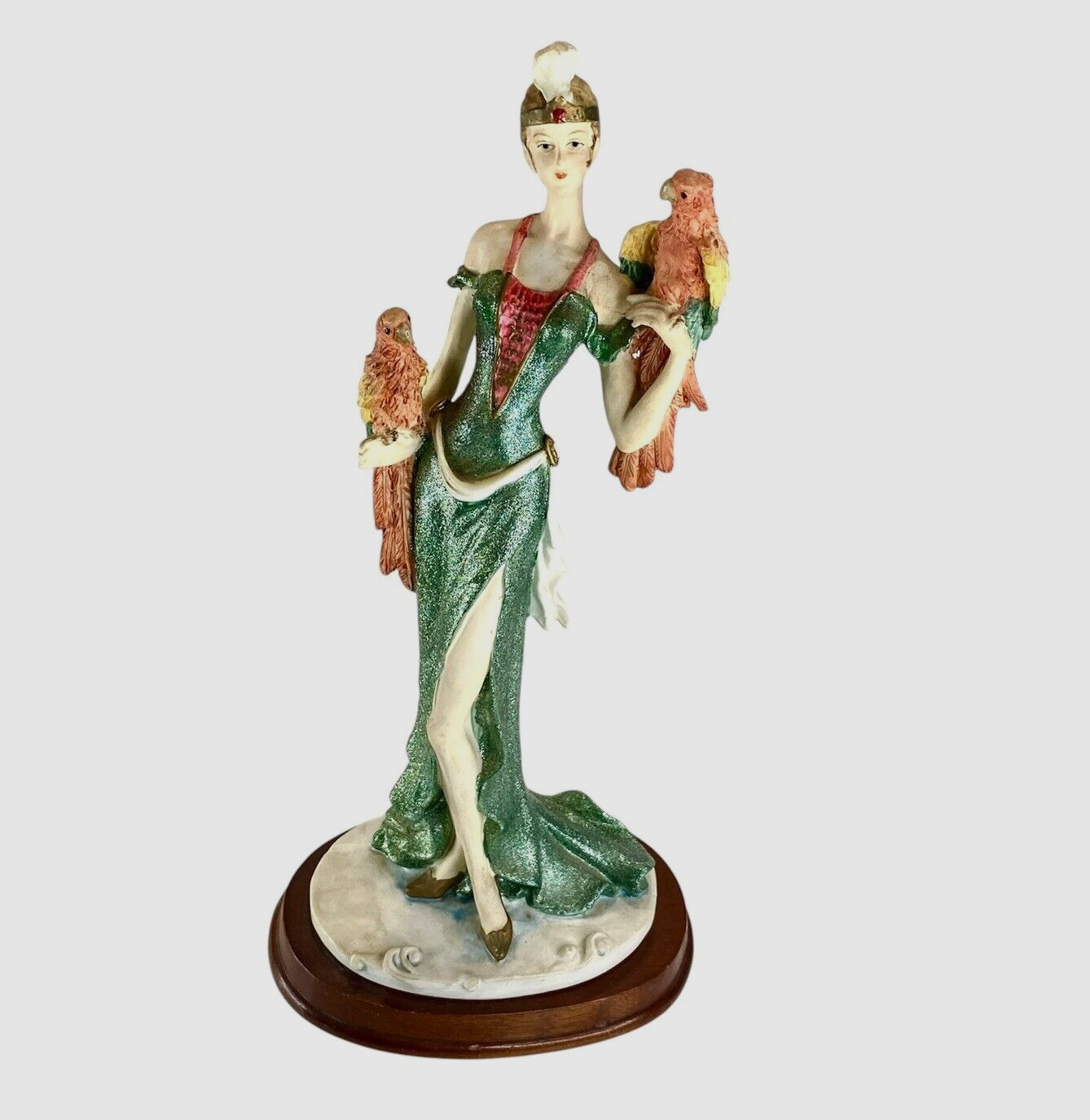 Art Deco Flapper Lady with Two Parrots Figurine Base Crosa Collection Not Marked