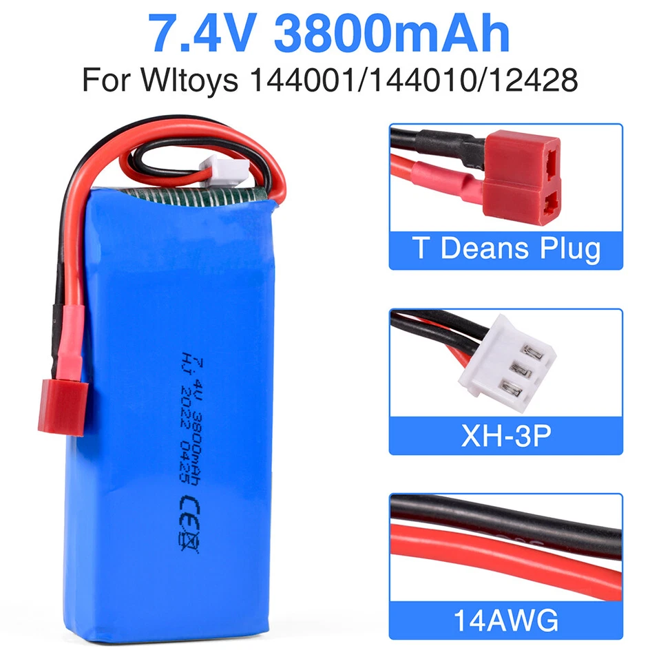 2pcs 7.4v 3800mah Rc 2s Lipo Battery T Plug For Wltoys 144001 144010 124016 - Image 3 of 4
