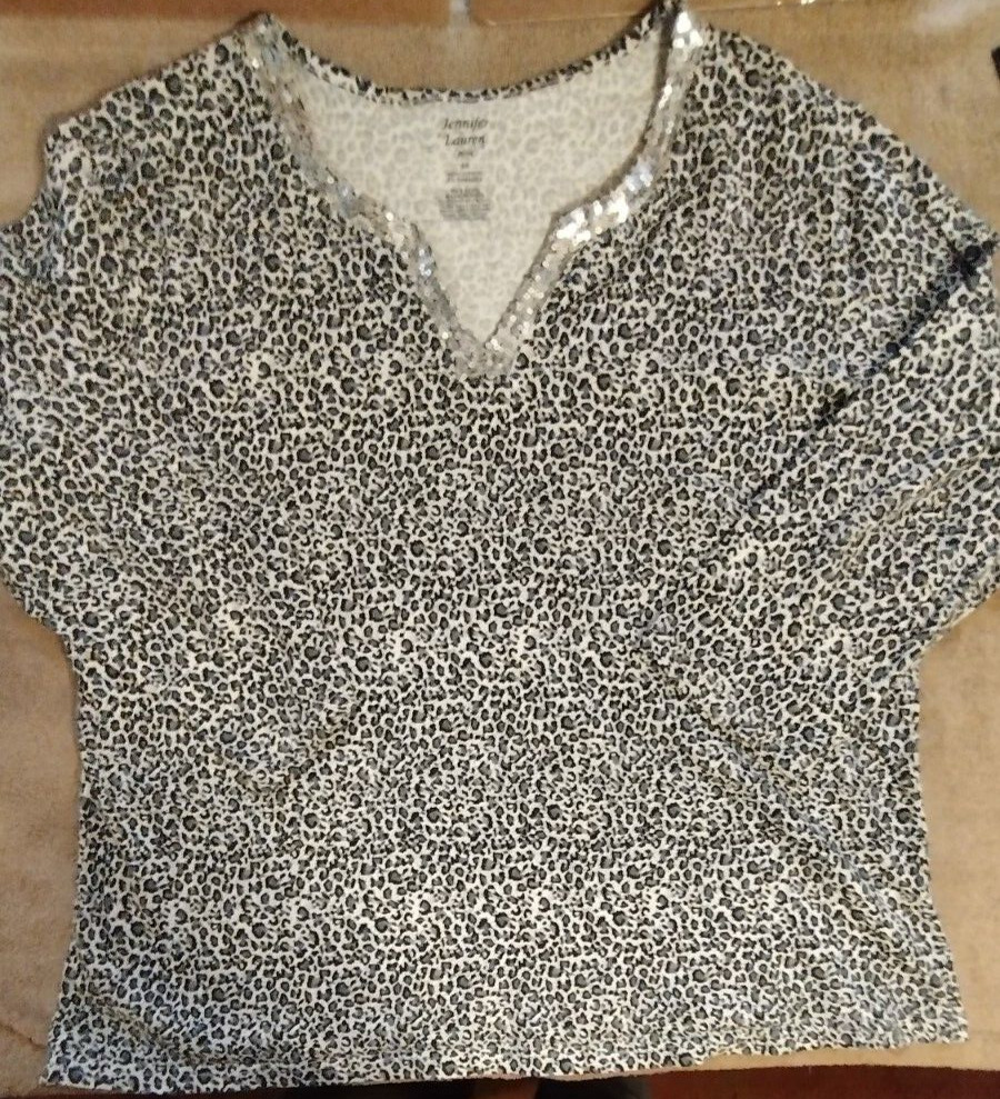 Jennifer Lauren Plus Blouse Size 4X Leopard Print Sequin V Neck 3/4 Sleeve