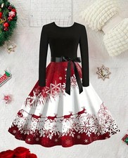 XXL Ladies Elegant Vintage 50s Inspired Christmas Snowflake Reindeer Swing Dress