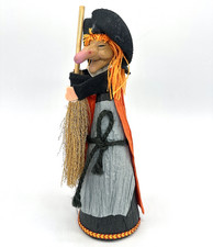 Vtg 1990's Halloween Kitchen Witch w/Broom Figurine 9" ROC Taiwan Paper Felt