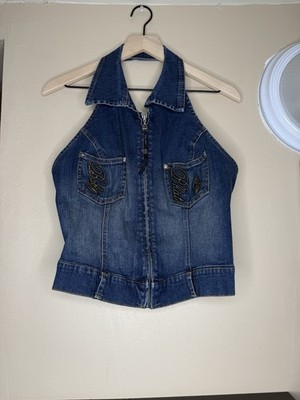 Baby Phat Denim Halter Top Zip Up Women's Size XL