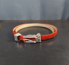 VTG Brighton Red Croco Alligator Leather Woman's Belt Silver Buckle Accents Lg