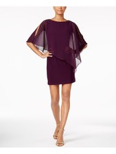 XSCAPE Womens Maroon Cape Overlay Boat Neck Short Party Sheath Dress 10
