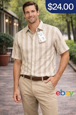 Larsson & Co Premium Short Sleeve Shirt Mens Medium Beige Striped 