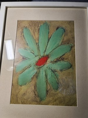 Framed Flower Artwork with Green Petals and Red Center