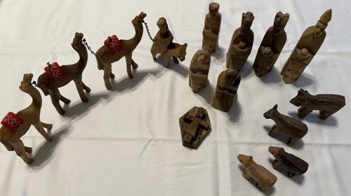 Vintage 16-teiliges Olivenholz Krippenset handgeschnitzt Heiliges Land Bethlehem mit Kamelen - Bild 1 von 6