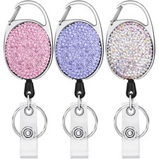 3 Pcs Retractable Badge Reel Carabiner Badge Holders with Bling Rhinestone