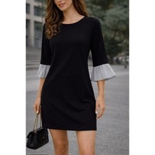 PLEIONE Black Shift Dress Ruffle Bell Sleeve Striped Accents USA Made XS
