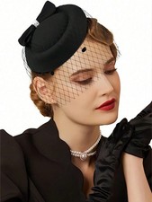Black Vintage 1920s 1930s 1950s Fascinator Hat With Veil For Wedding Tea Party