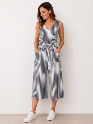 Universal Thread Women s Striped Sleeveless V-Neck Wide-Leg Jumpsuit L Blue