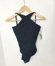 MIRELLA Jozette Black leotard Ladies Sz M Weave Detail Braided Straps Crossover
