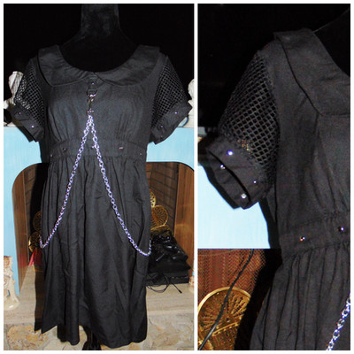 Tripp NYC Mini Tunic Dress Black Fishnet Sleeve Babydoll Mini Chain Gothic Punk 
