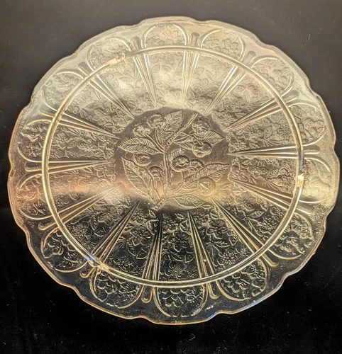 Footed Cake Plate Pink Depression Glass 1940s Cherry Pattern 10" Reproduction