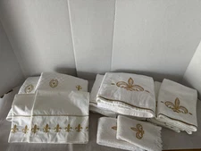 Wht w/Gold Fleur De Lis Embroidery Bath Hand Fingertip Towels Pillow Cases Shams