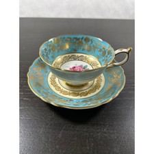 Paragon Tea Cup Saucer Set Turquoise Blue Gold Filigree Pink Rose Bone China