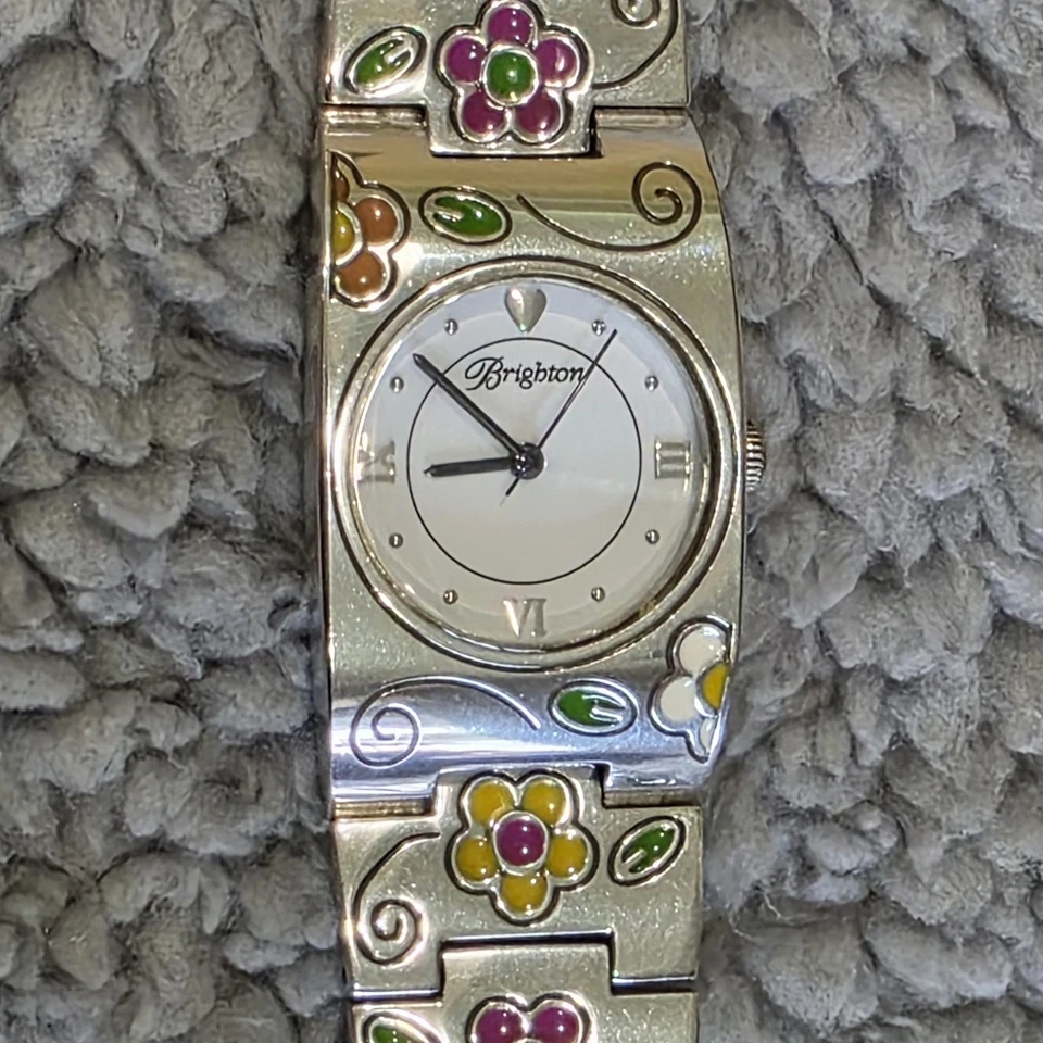Reloj Pulsera Brighton Martinica Esmalte Flores Cuarzo Japón Tono Plateado Vintage Foto 2 de 4