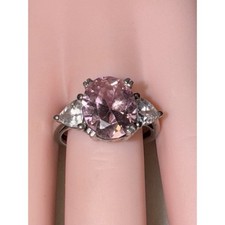 925 Sterling Silver Large Pink Center Stone Clear Side Stone Accents Ring Sz 7