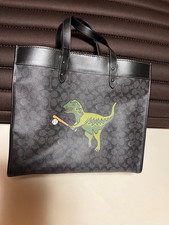 COACH Dinosaur Print Leather Canvas Tote Bag Black Large Capacity Authentic F/S