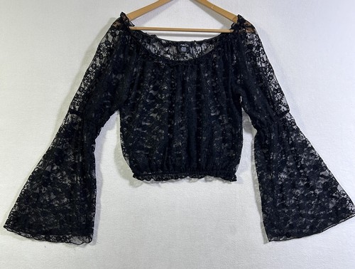 Vintage transparentes Top schwarz Spitze Hexenfee Goth Whimsigoth M Y2K Glockenärmel
