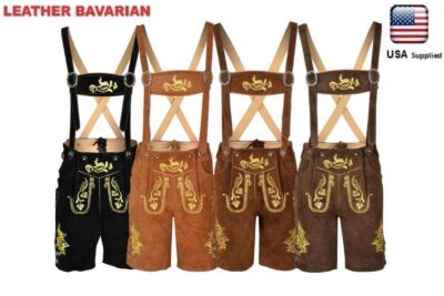 German Oktoberfest Bavarian Lederhosen Men Cowhide Real Leather Matching Short
