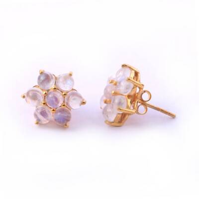 Rainbow Moonstone Flower Cluster Stud Earrings wedding 925 Sterling Silver
