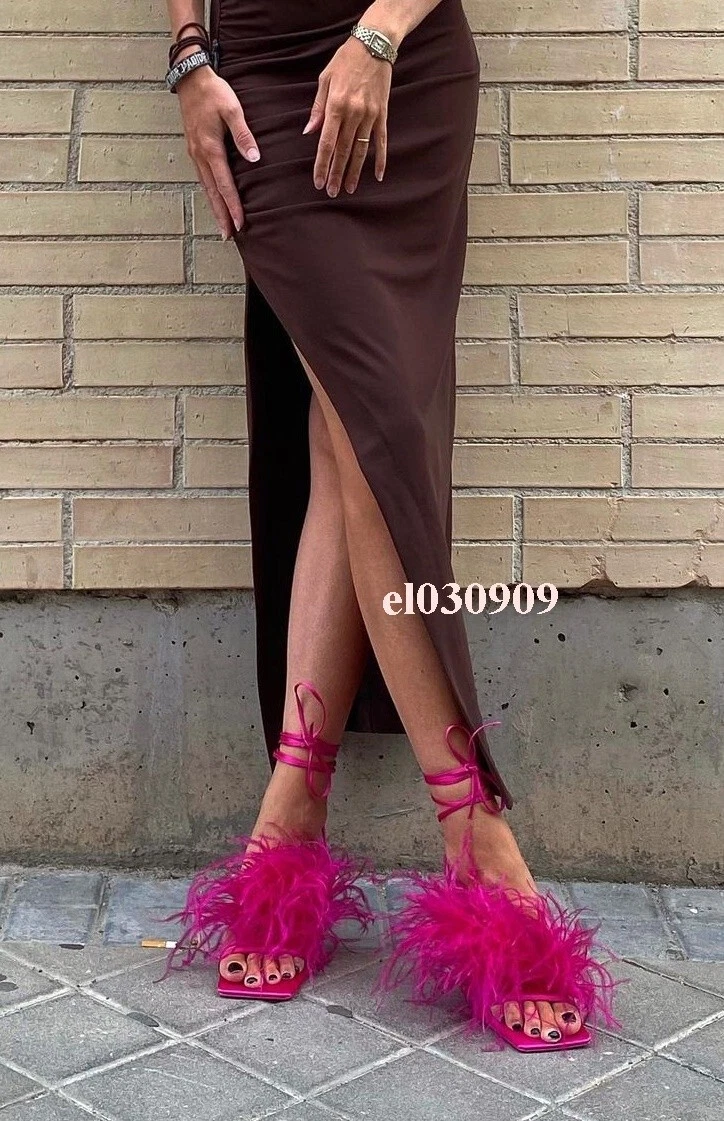 NUEVAS SANDALIAS MUJER ZARA TACÓN ALTO CON PLUMAS FUCSIA REF.1322/010 | eBay