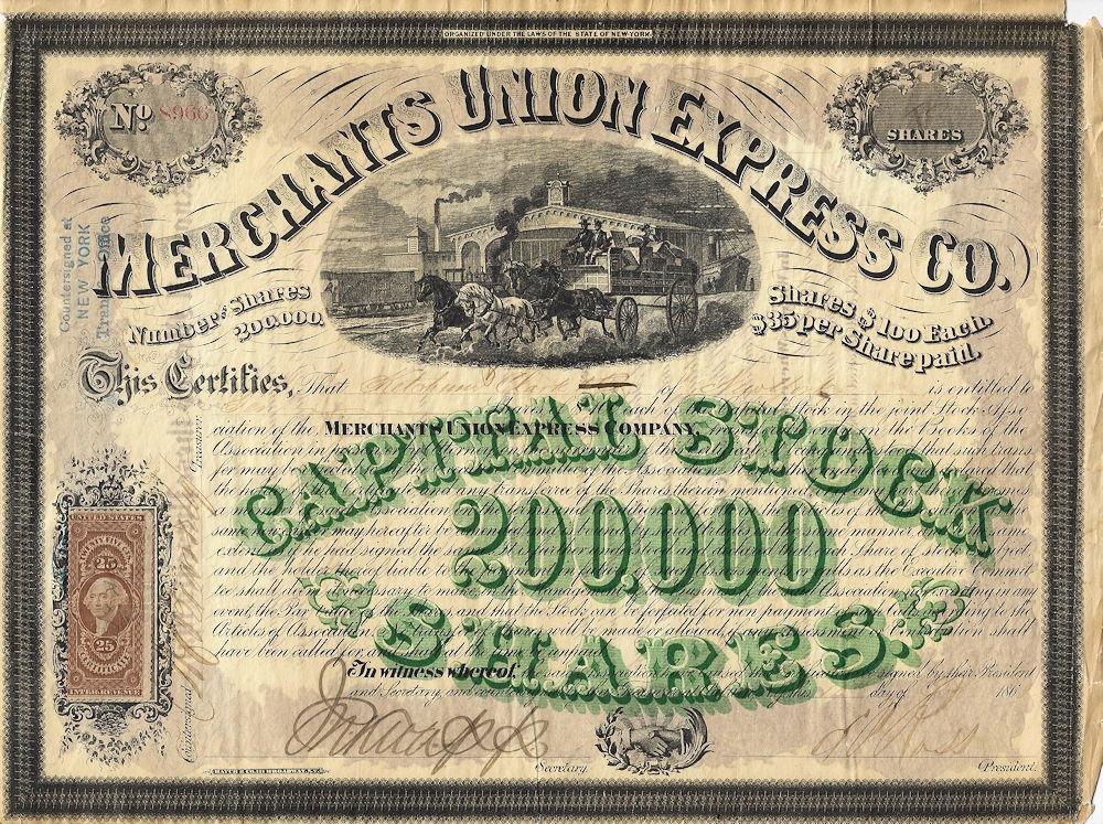 1868 Merchants Union Stock Certificate just before Merger with American Express