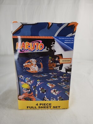 NARUTO 4pc Full Size Sheet Set: 1 Fitted+1 Flat Sheet & 2 Pillowcases NEW